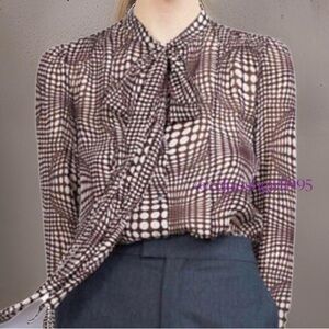 Zara Woman optical pattern tie front sheer blouse size S maroon white